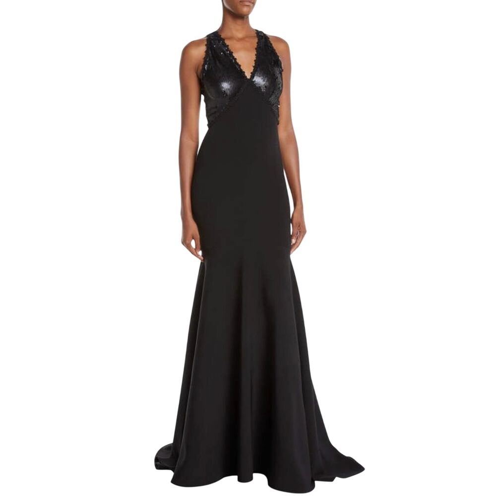 Naeem‎ Khan Nk32 V-Neck Trumpet Gown with Sequin Black Size 8